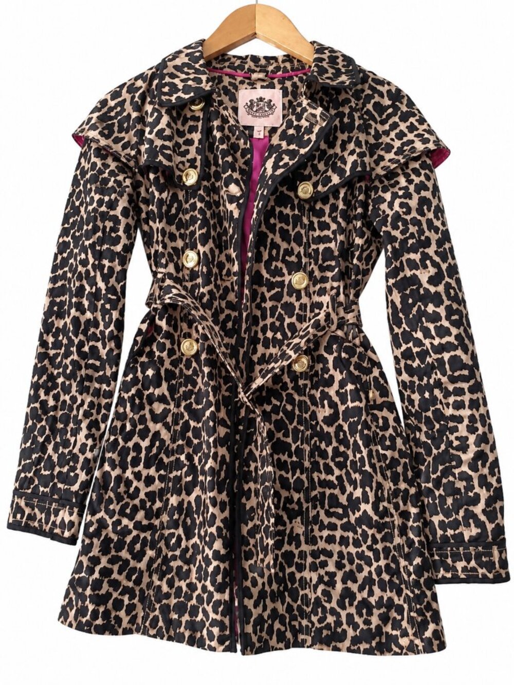 Juicy Couture Girls Leopard Cotton Belted Trench Coat Gold Buttons Long Sleeves